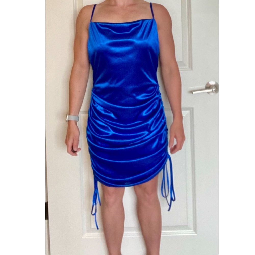 Satin Cowl Neck Ruched Mini Dress – Royal Blue, Size S